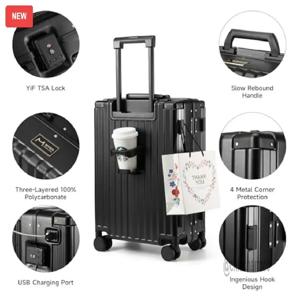 20 Inch Hard Shell Carry On Luggage with USB Port & Cup Holder